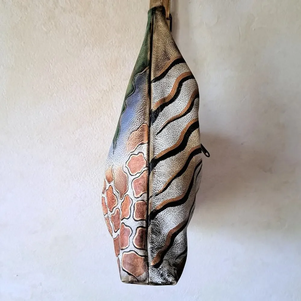 ANUSCHKA Hand Painted Leather Hobo Bag Safari Animal Print Shoulder Artisan